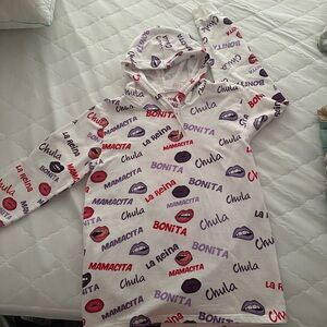 On Fire White sweatshirt with Purple and Red Print